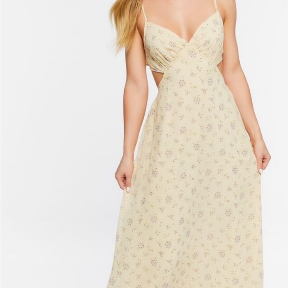 F21 Women’s Small Pale Yellow Floral Maxi Cut-Out Dress